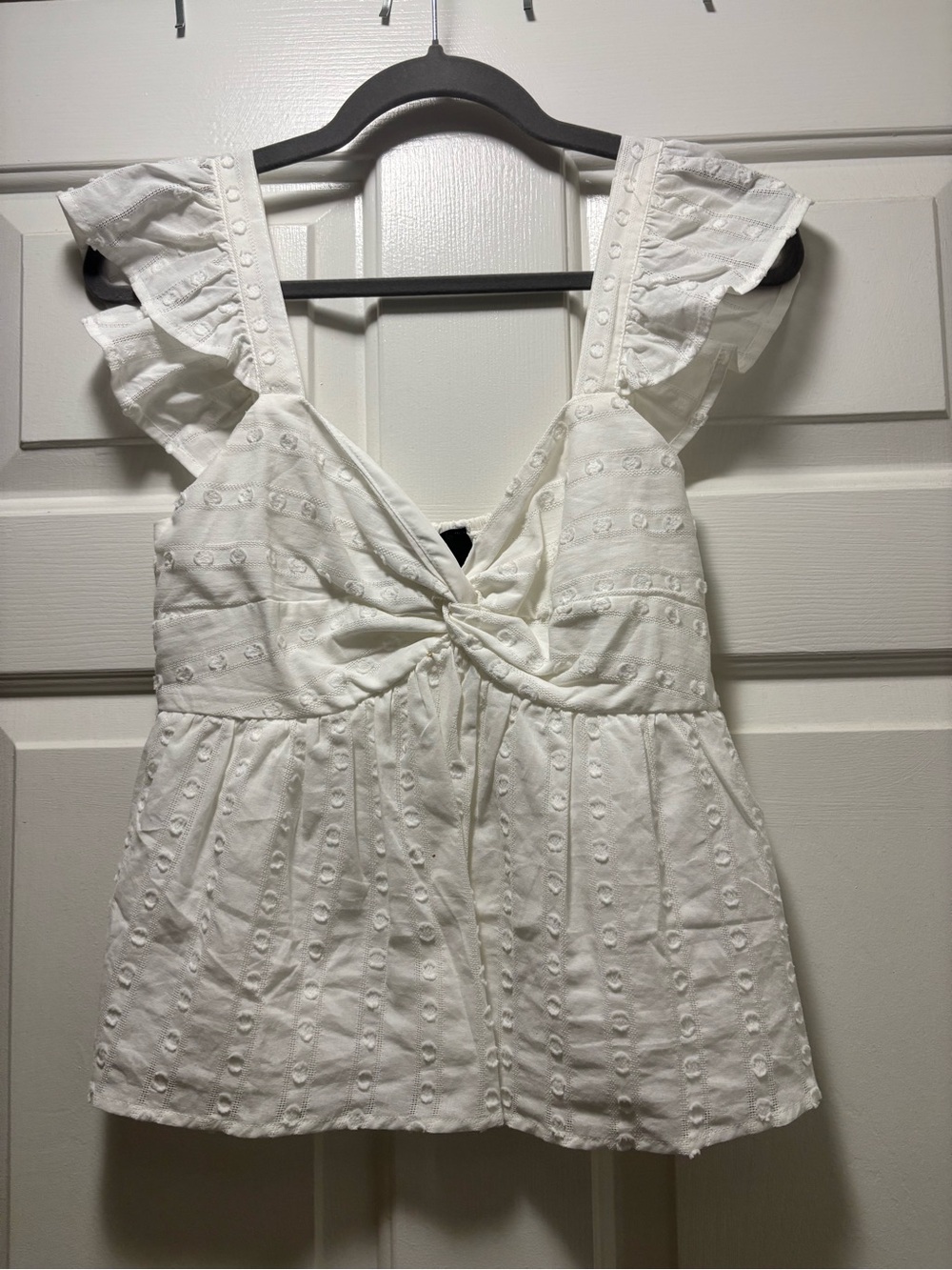 Vici White Eyelet Knot Front Ruffle Strap Tank